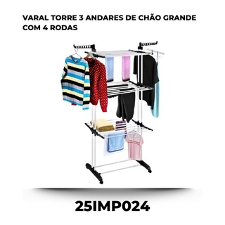 Varal Torre 3 Andares De Chão Grande Com 4 Rodas